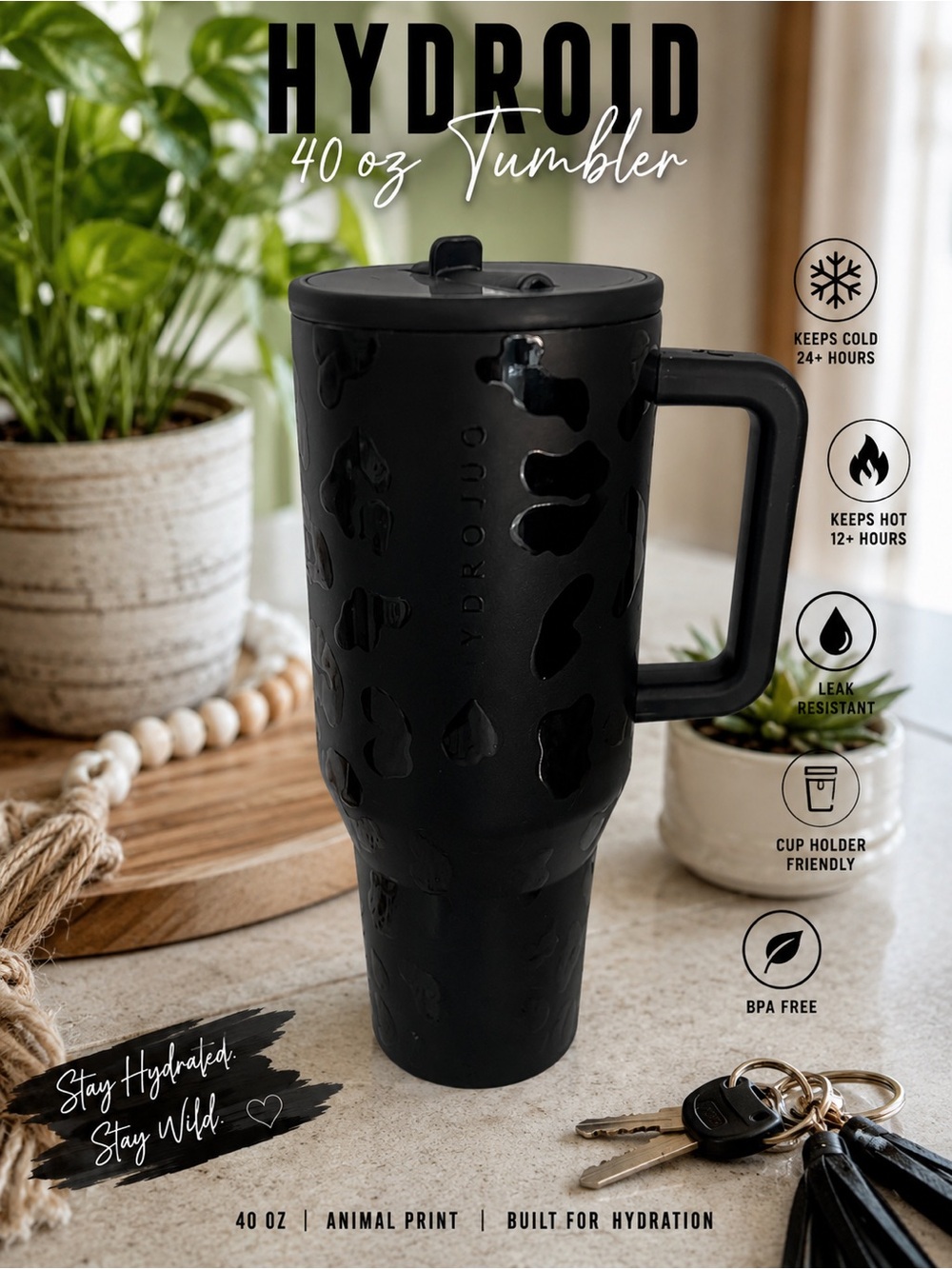 HydroJug 40 oz Tumbler - Black Animal Print